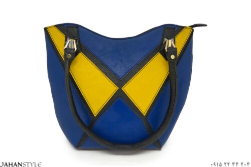 کیف زنانه چرمی آبی زرد
