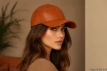 کلاه بیسبال چرم طبیعی عسلی روی سر خانم