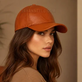 کلاه بیسبال چرم طبیعی عسلی روی سر خانم