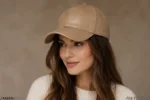 کلاه بیسبال چرم طبیعی نسکافهای (ویژن) روی سر خانم